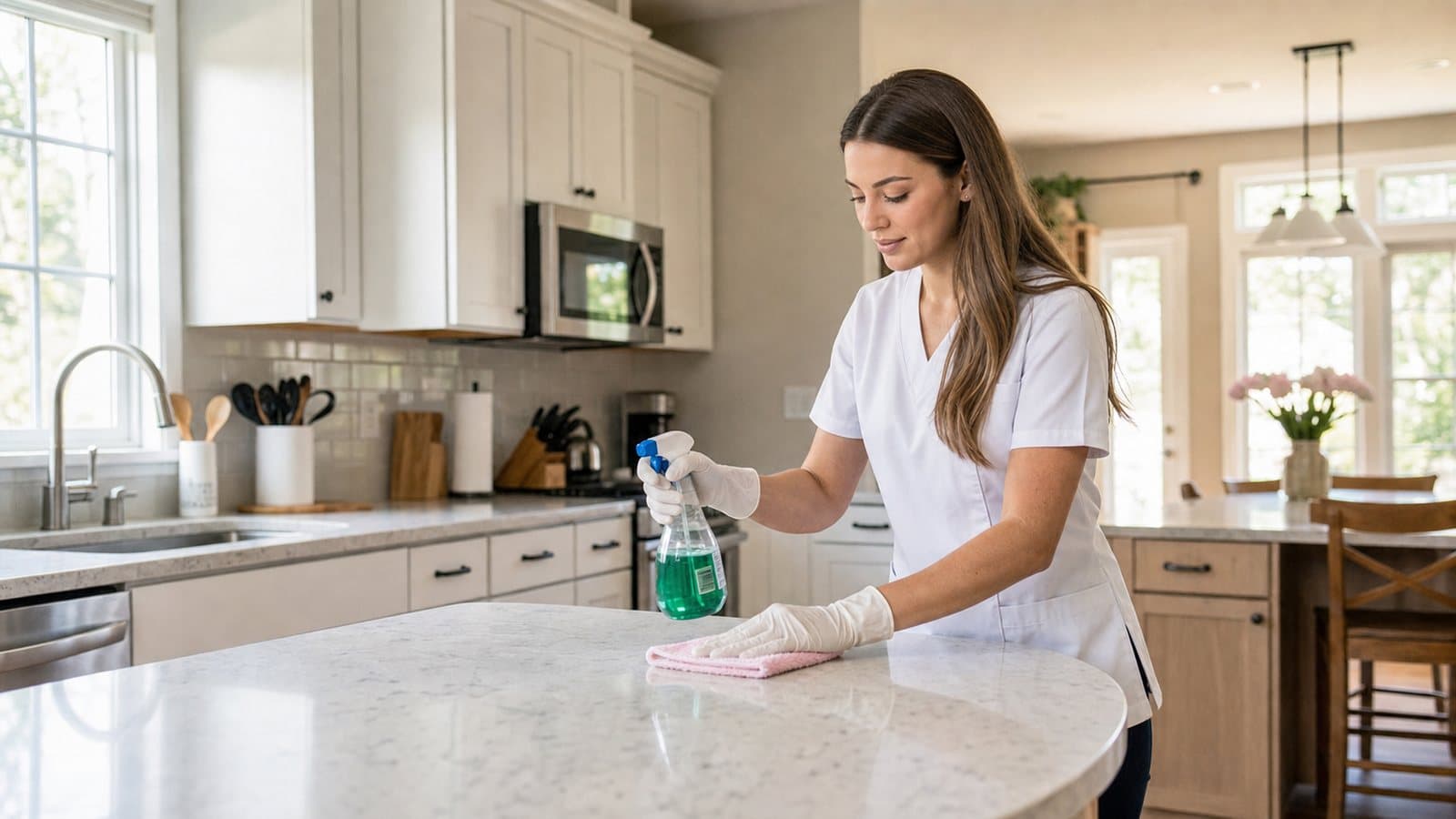 A Southern Glow cleaner wiping a kitchen island to a shine